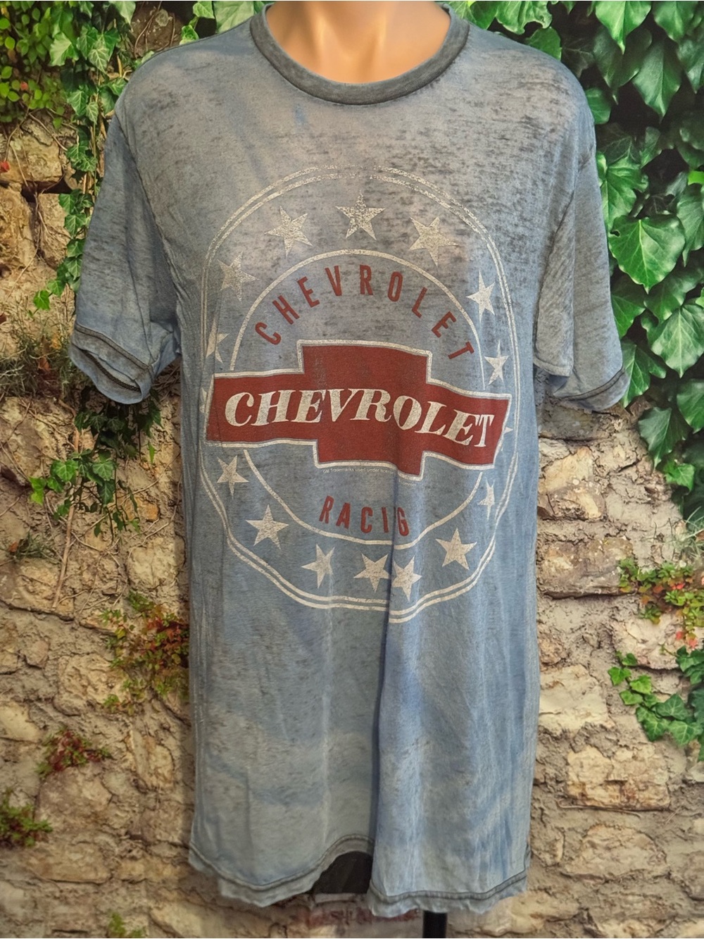 Vintage Chevrolet Bowtie Graphic Tee in Washed Blue with Red Logo